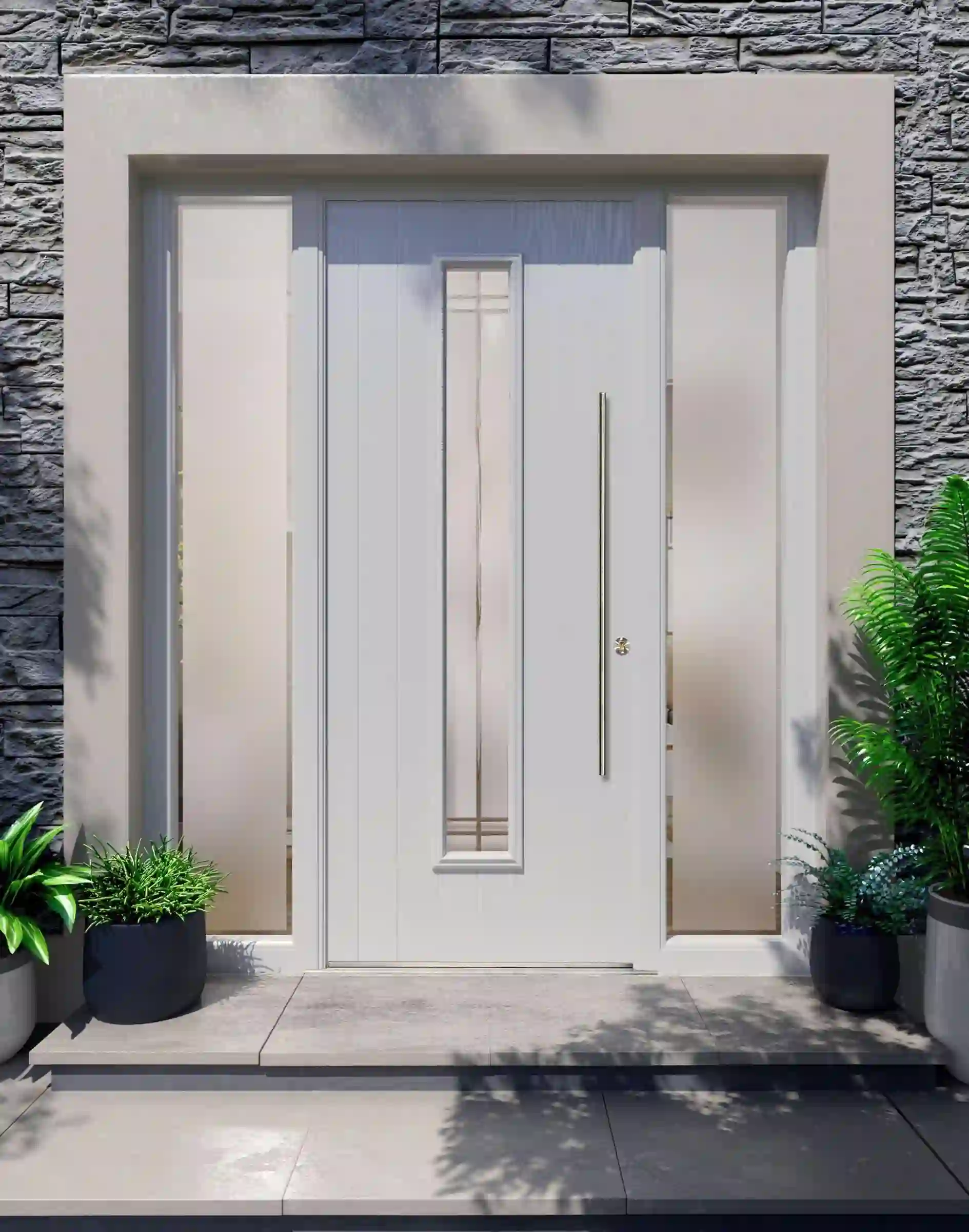 White composite front door with a vertical glazed panel and sidelights