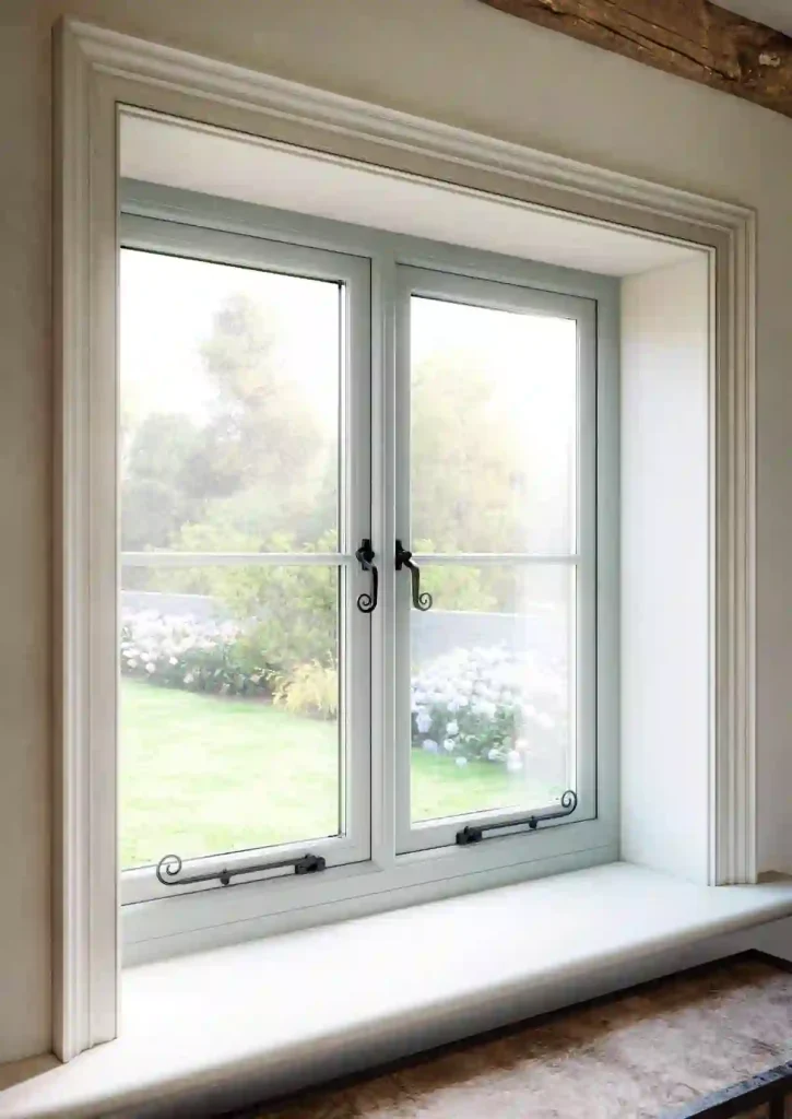 Close-up of a white flush sash window frame corner joint