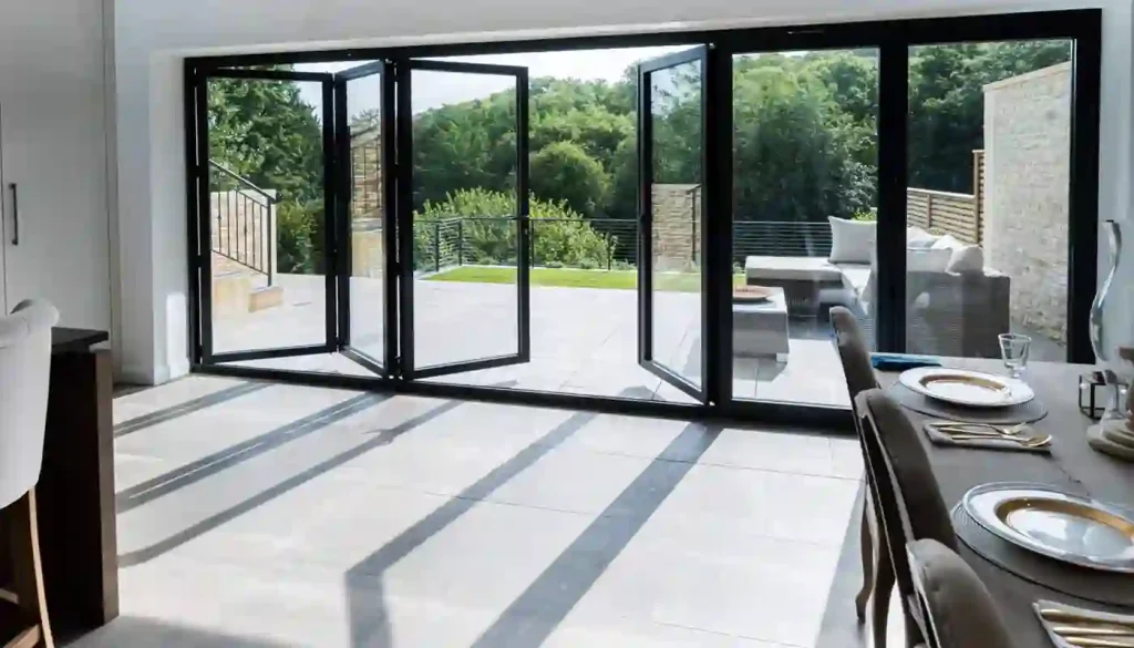 Aluminium bi-fold doors folded open to a garden