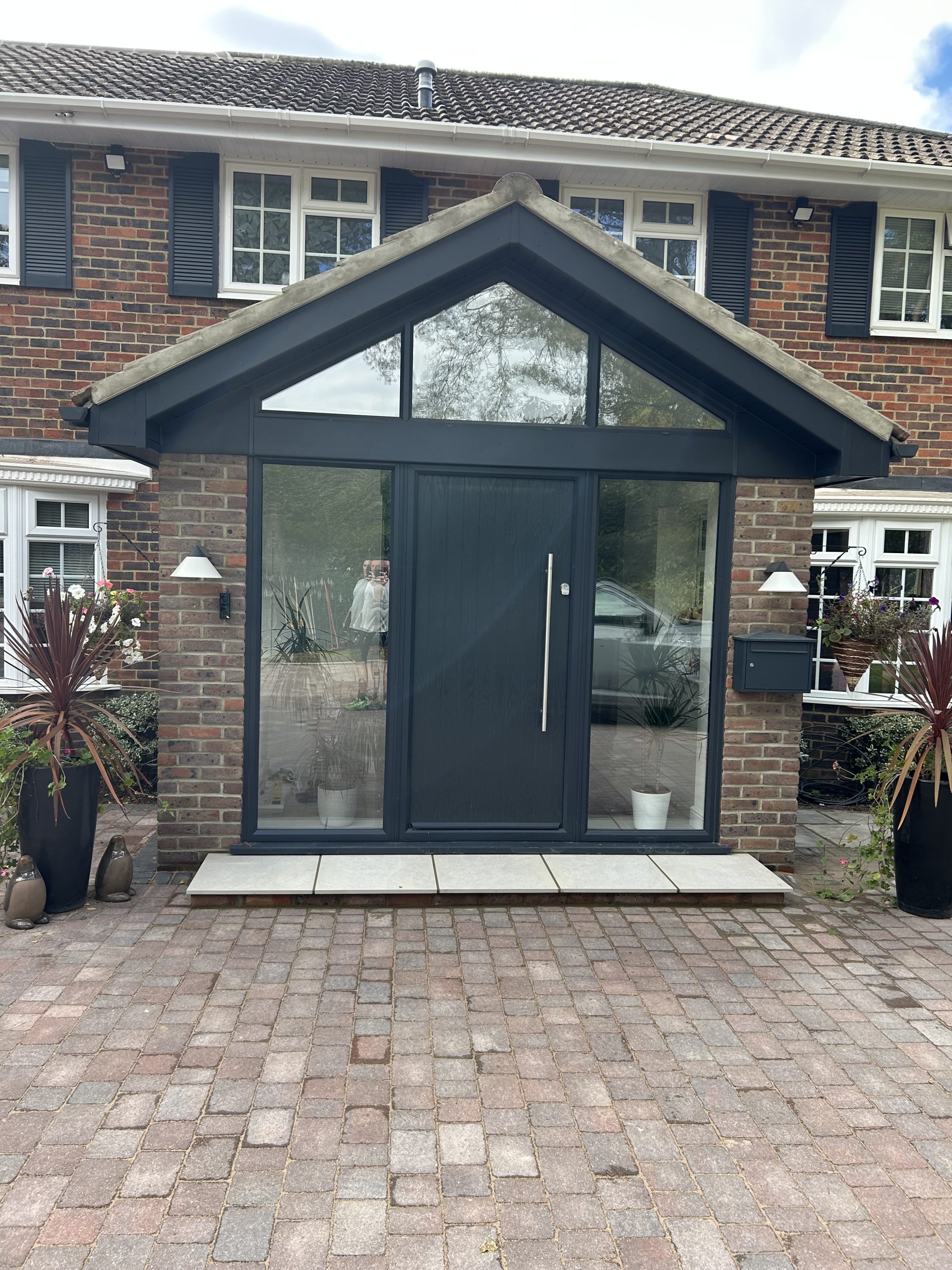 Composite entrance door, gable porch