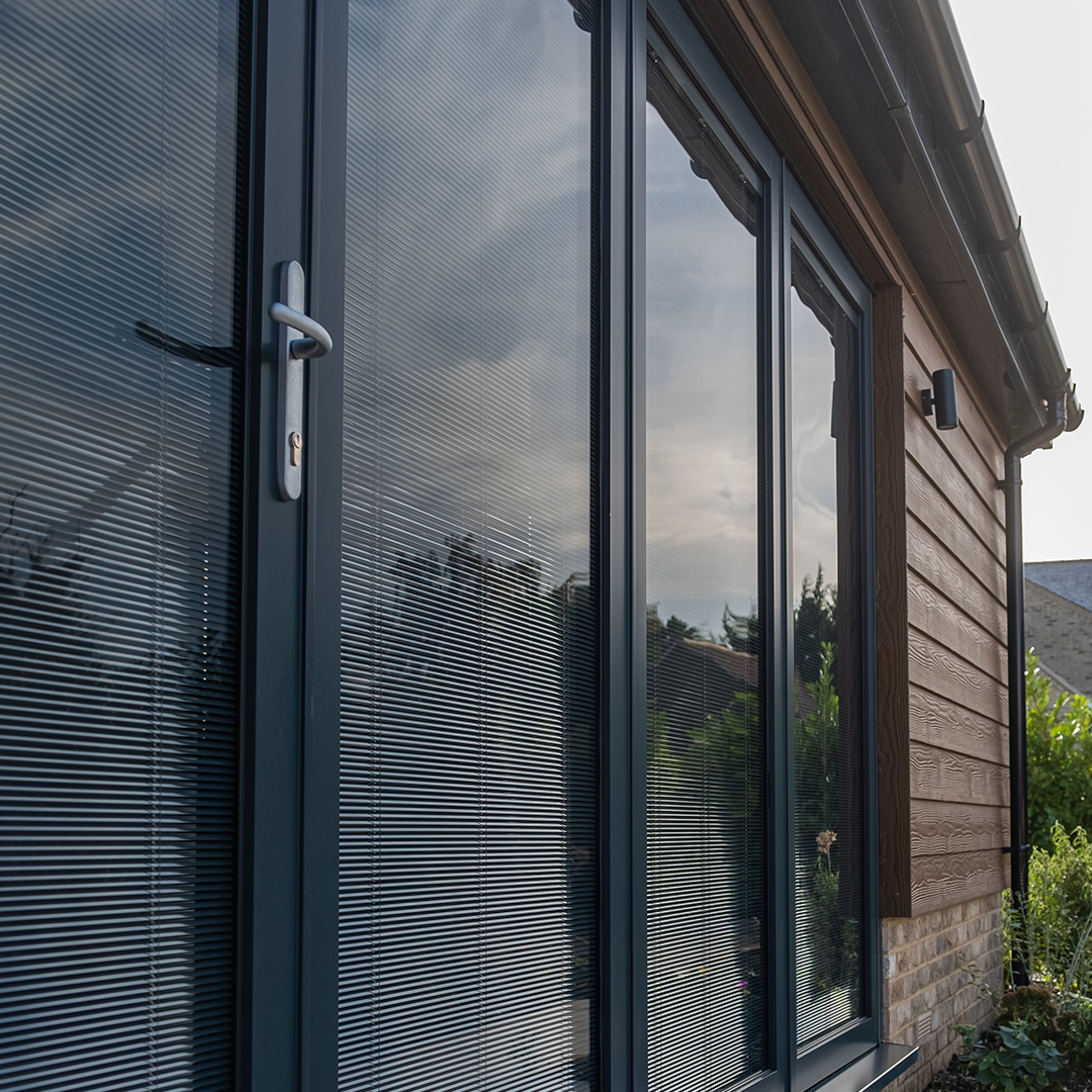 Close-up of integral blinds between glass panes